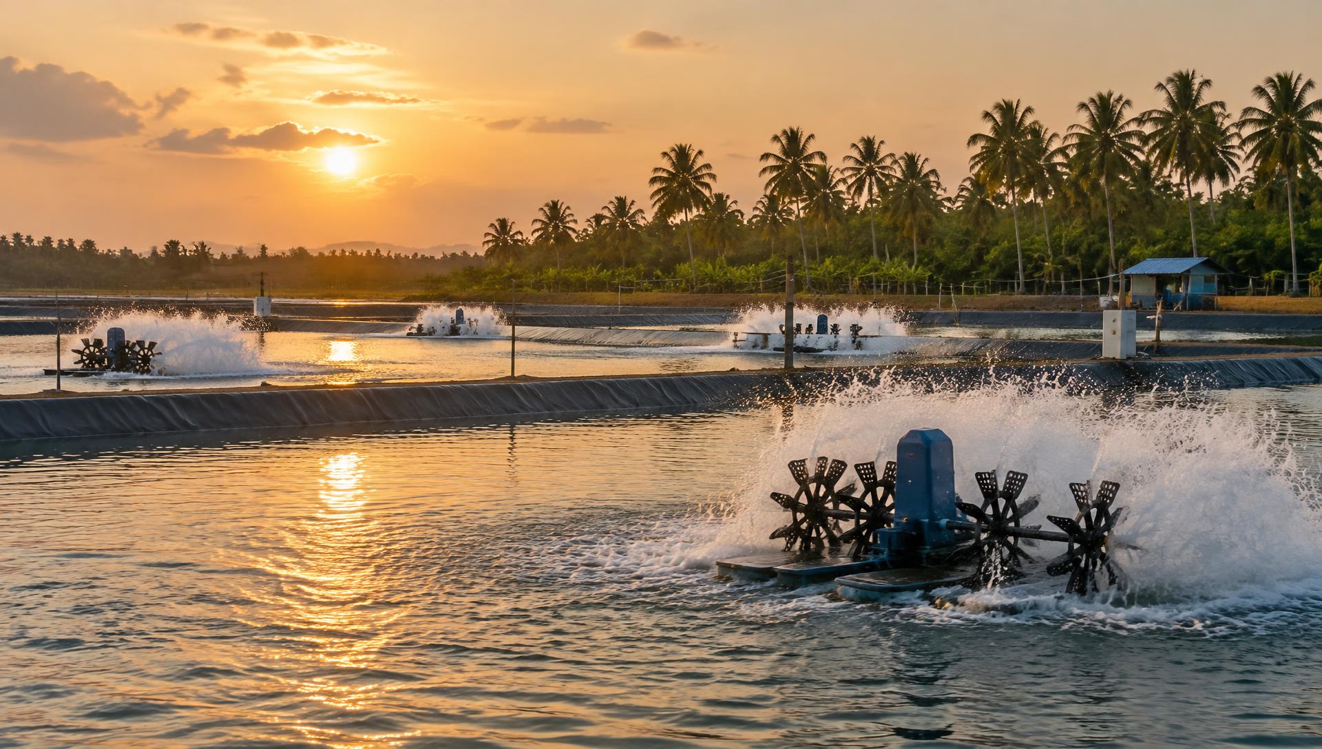 Shrimp farm ponds with aerators at sunset